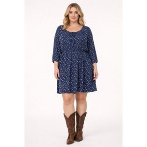 North River Womens Dress Navy Print Long Sleeve BohoRodeo XL Fairy Westerncore